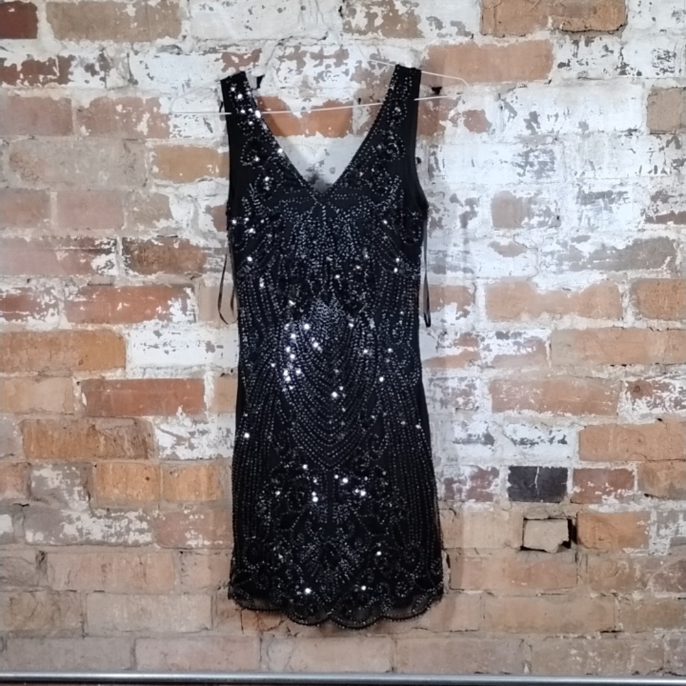 GB GIANNI BINI Black Sequined and Beaded 20s Style Mini Dress Size XS in Black